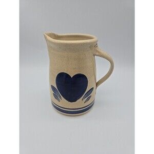 Vintage Rowe Pottery Works Pitcher Colbalt Blue Heart Salt Glazed Signed